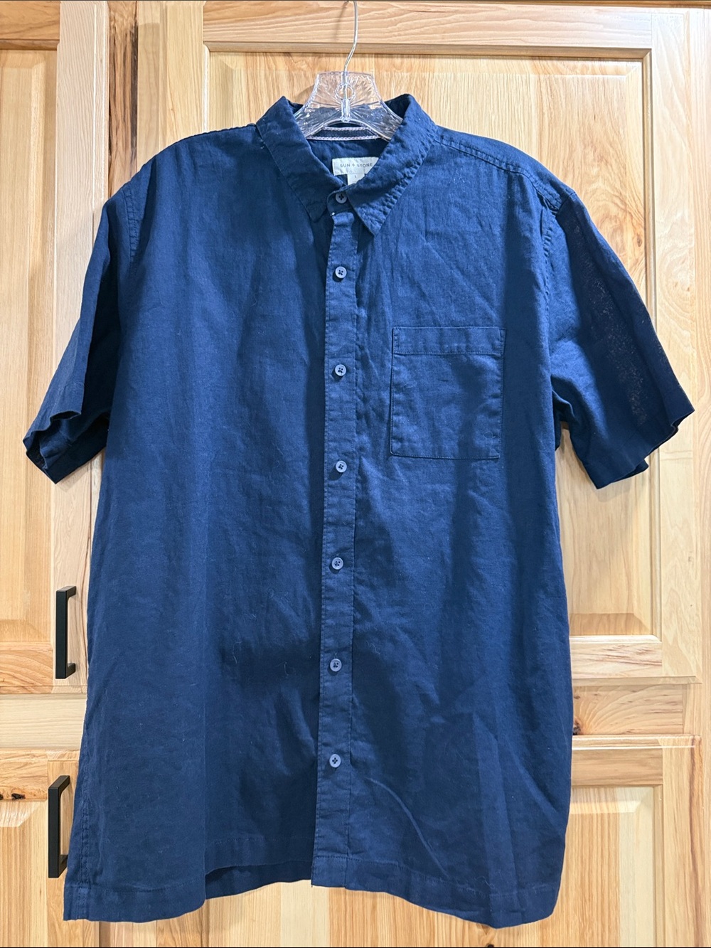 Sun + Stone Men Size L Navy Short-Sleeve Button-Down Linen Cotton Coastal Shirt